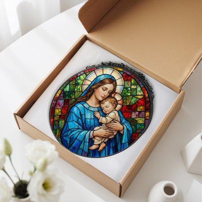 Mary And Child Stained Glass Window Panel，12"H