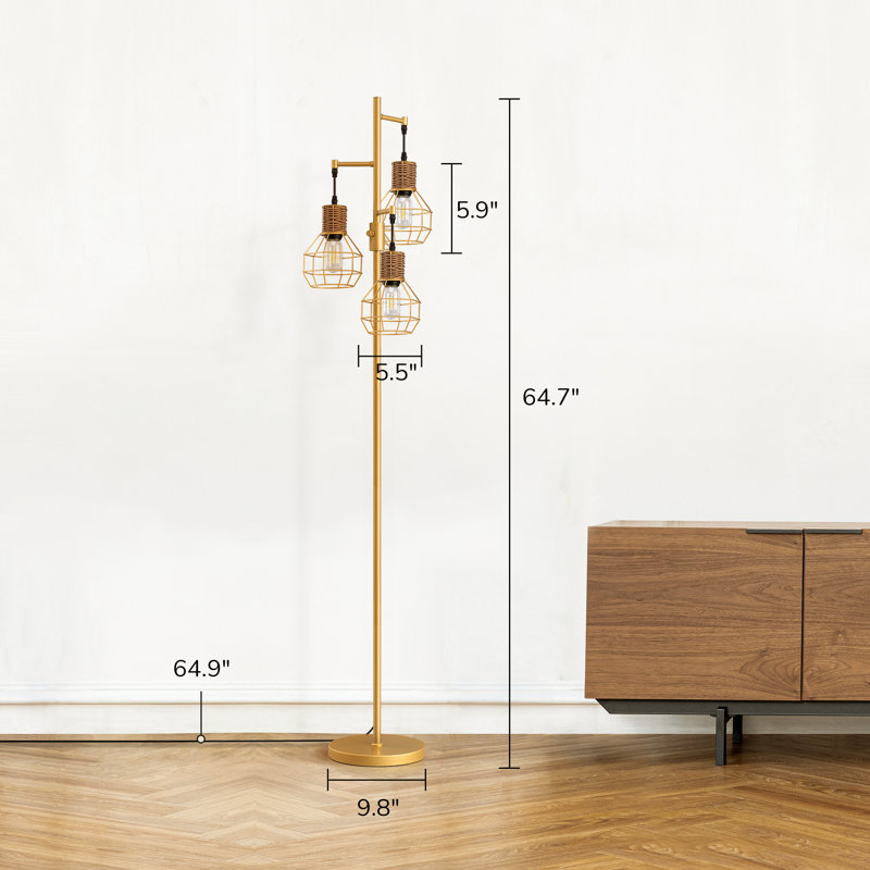 Gold 65" Rattan Tree Floor Lamp with Dimmable Bulbs