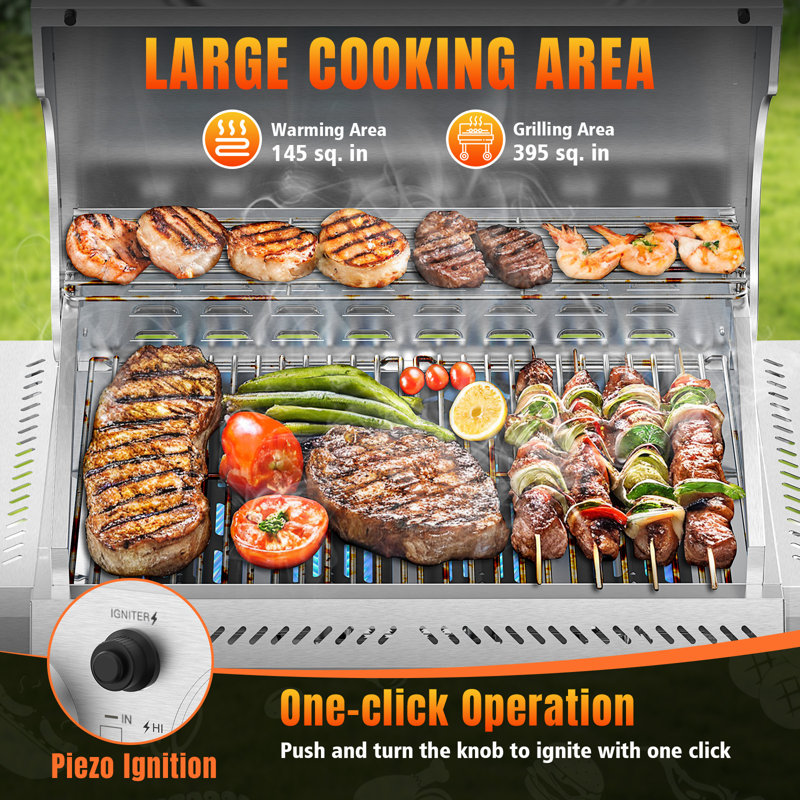 Barbecue au propane de 32 000 BTU à 4 brûleurs, barbecue en acier inoxydable avec allumage par impulsion et roulettes verrouillables