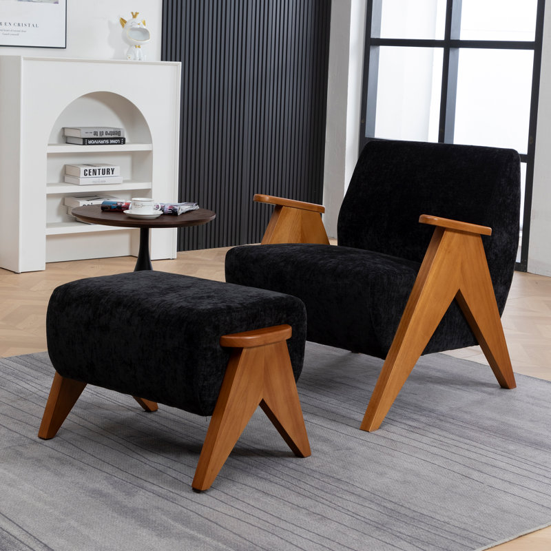 Upholstered Armchair with Footstool, Black, 1