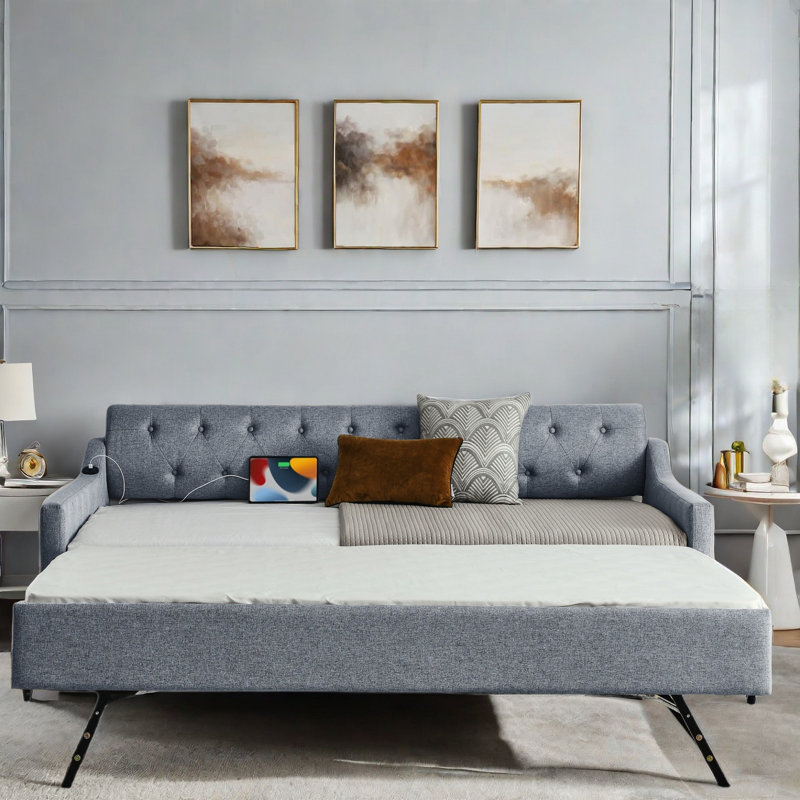 Abbington Upholstery DayBed with  Erectable Trundle and USB Charging Design, Gray