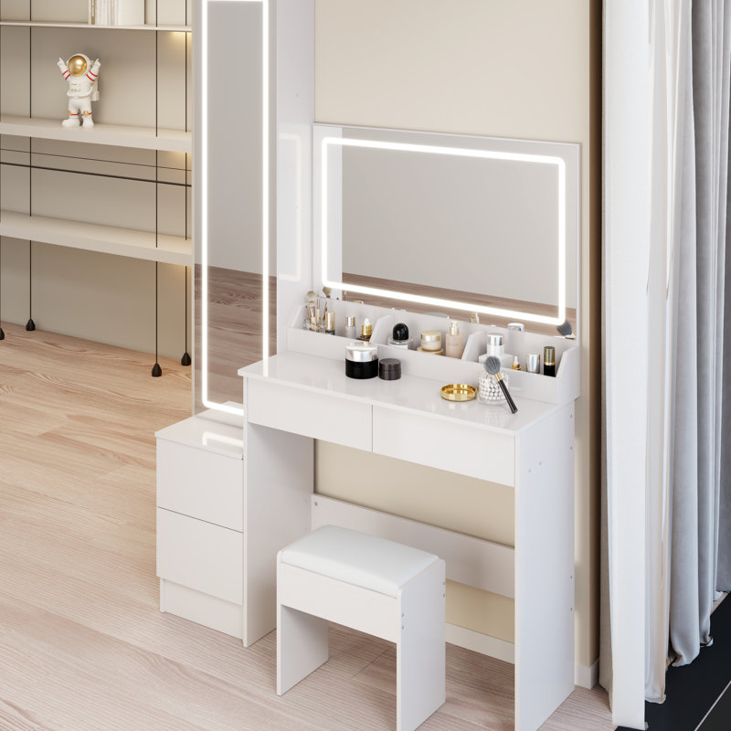 Miroirs doubles à DEL, table de coiffeuse réglable en 3 couleurs et réglable en luminosité, rangement multicouche + tabouret rembourré pour armoire pleine grandeur, conception américaine, blanc avec table de commande tactile avec