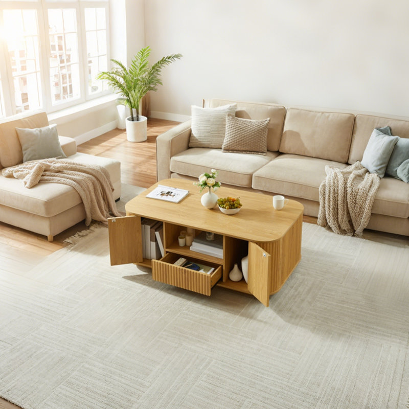 Table basse de 46,5 po avec tiroirs et compartiments de rangement, conception incurvée, table basse au centre du salon, convient aux salons et aux bureaux