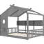 Lit de maison gris à plancher pleine grandeur pour et, avec tablette de rangement, zone de jeu sécuritaire, toit, un sommeil paisible-1477375657