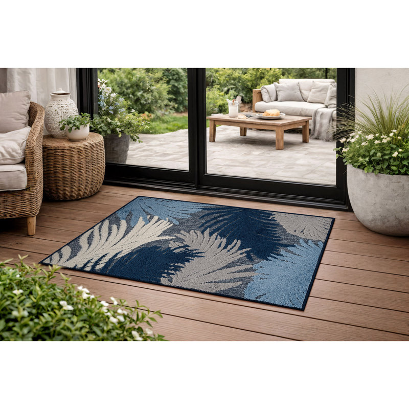 Tapis floral bleu marine / ivoire intérieur / extérieur, Bleu très foncé, Rectangulaire 2 pi x 3 pi