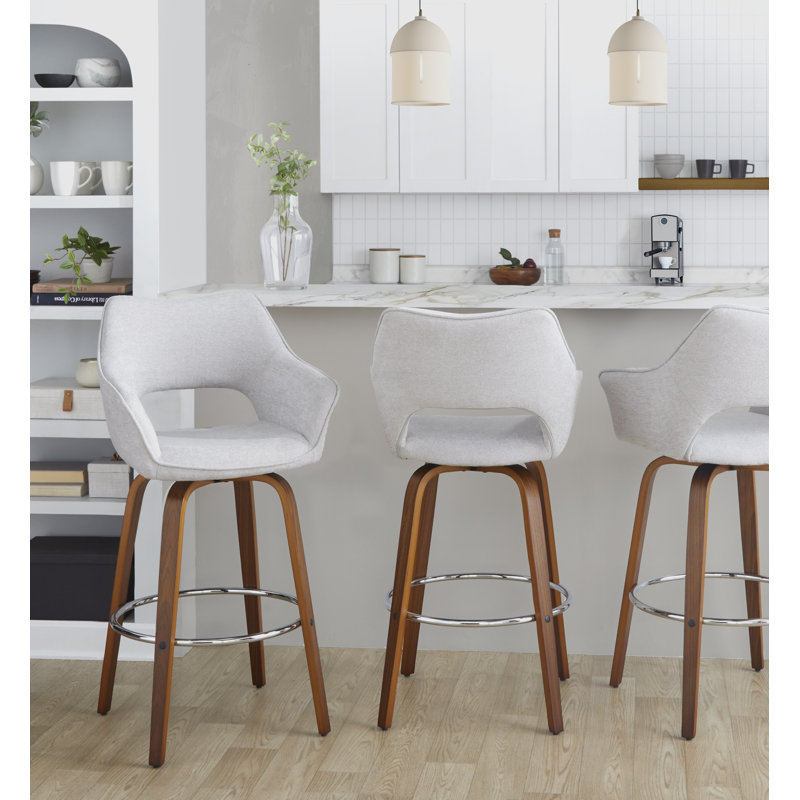 Sarah XL 30" Fixed-Height Upholstered Bar Stool with Bent Wood Legs & Round Footrest, Gray