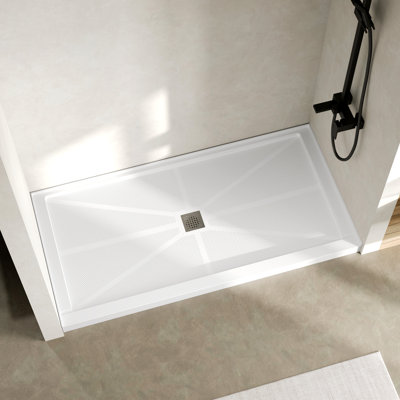 DeerValley 72"L x 36"W Shower Base in White, SMC Rectangle Single-Threshold Shower Pan, Center Drain, Non-Slip Shower Tray, Drain Cover Included,