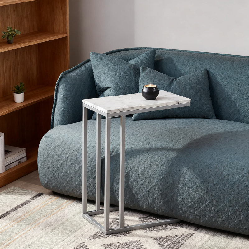 Table de bout en C avec plateau en faux marbre, table d'appoint moderne pour le salon, la chambre à coucher ou le bureau, collation portable et table d'ordinateur portable avec table robuste