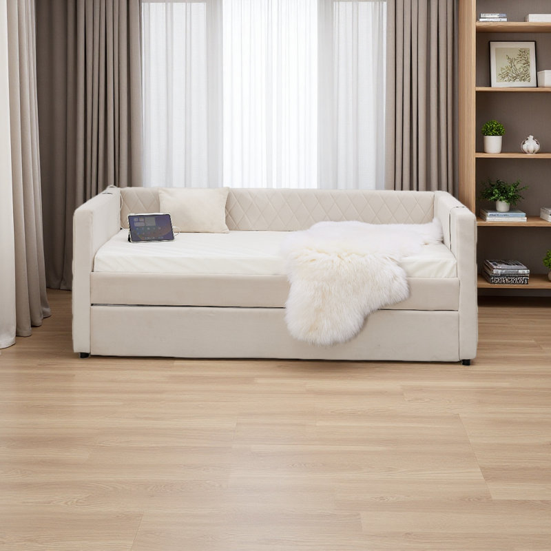 Velvet Daybed, Sturdy Wooden Bed Frame, Modern Diamond Grid Pull-Out Design, Perfect For Bedroom, Living Room Furniture