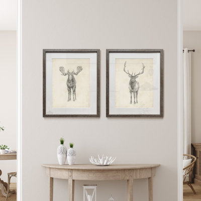 Moose Study - Matted and Framed Under Acrylic Glass, Set of 2, Large Living Room Wall Art