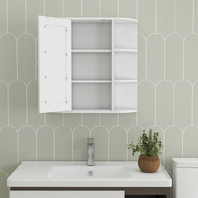 White Wall Cabinet For Bathroom - 6 Open Shelves, 3 Adjustable, Spacious Storage Painted With Shelves Open, Mirror Door
