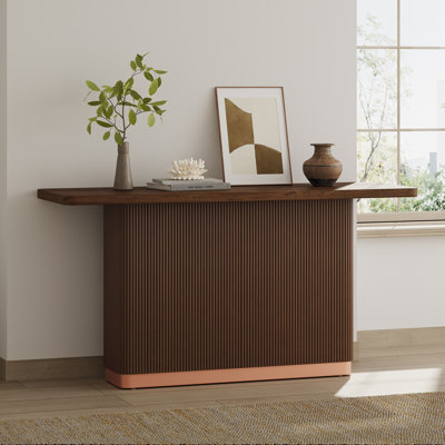 Callen Modern Console Table With Ash Veneer Top, Fluted Base, And Metal Accent