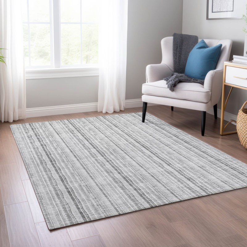 Silver and Gray Rectangular Synthetic Washable Rug, 2'6" x 3'10"