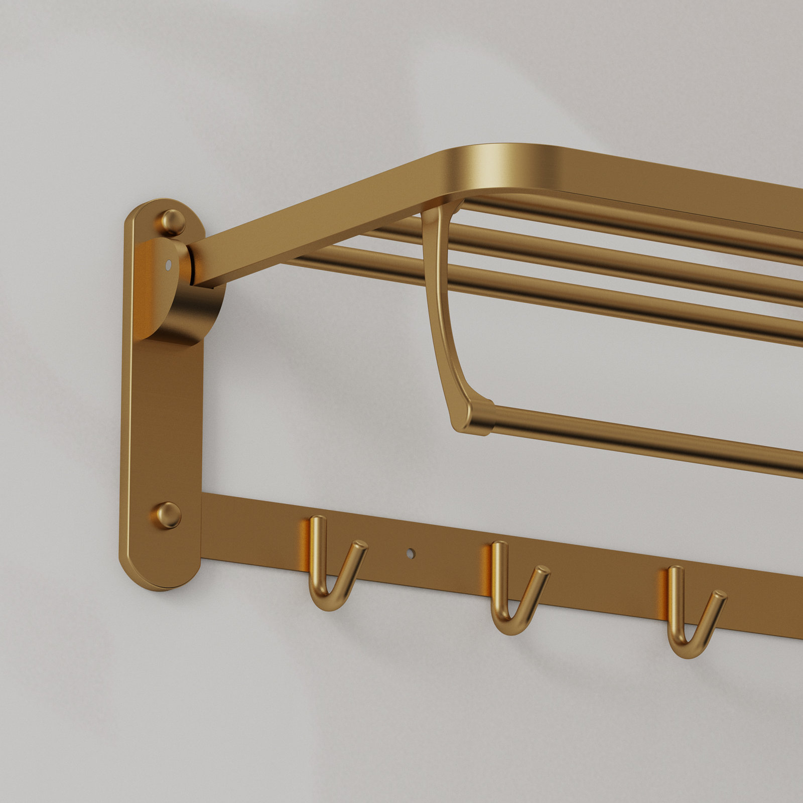 Wall Mounted Towel Rack With Storage Shelf And 5 Hooks, Brushed Gold