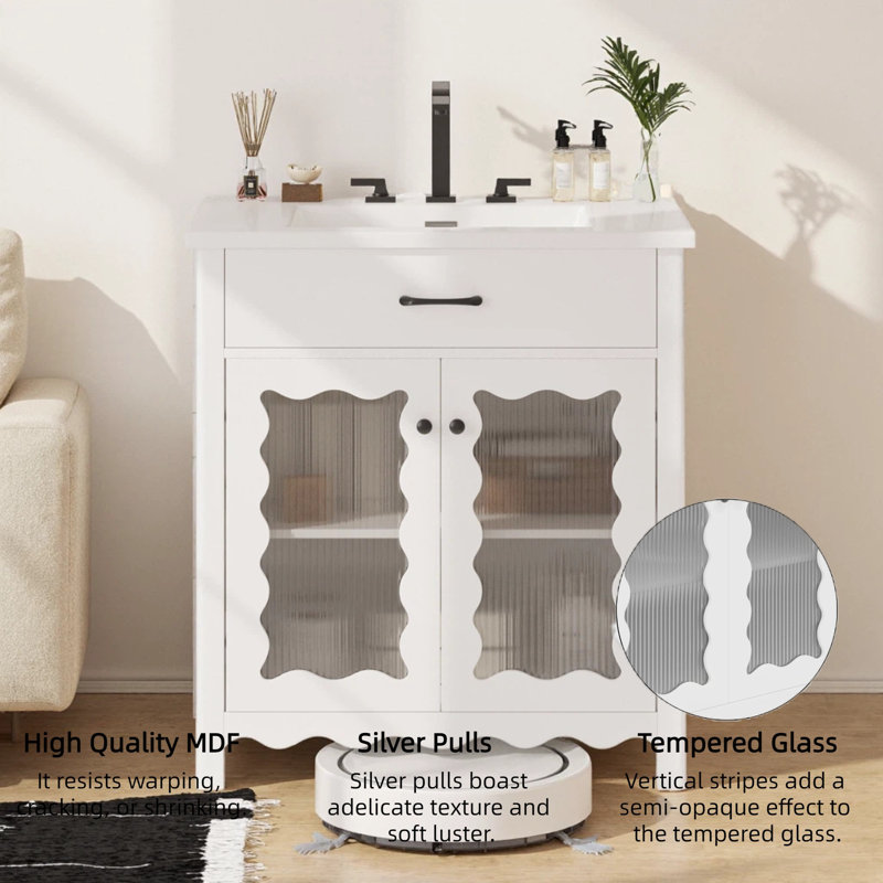 Meuble-lavabo incurvé de 31 po avec rayures en verre trempé - portes à fermeture en douceur, lavabo rectangulaire en céramique, pieds en bois d'hévéa.