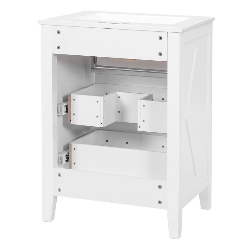 Meuble-lavabo blanc 24 po avec lavabo en céramique 24 po, 3 tiroirs, conception élégante de style rétro, armoire facile à assembler, détails, trois trous pré-percés