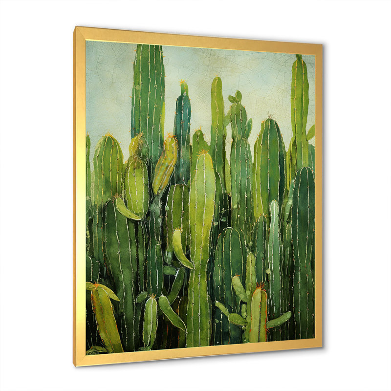 " Green Cactus Contour Collage ", 32" H x 16" W x 1" D, Gold Single Picture Framed