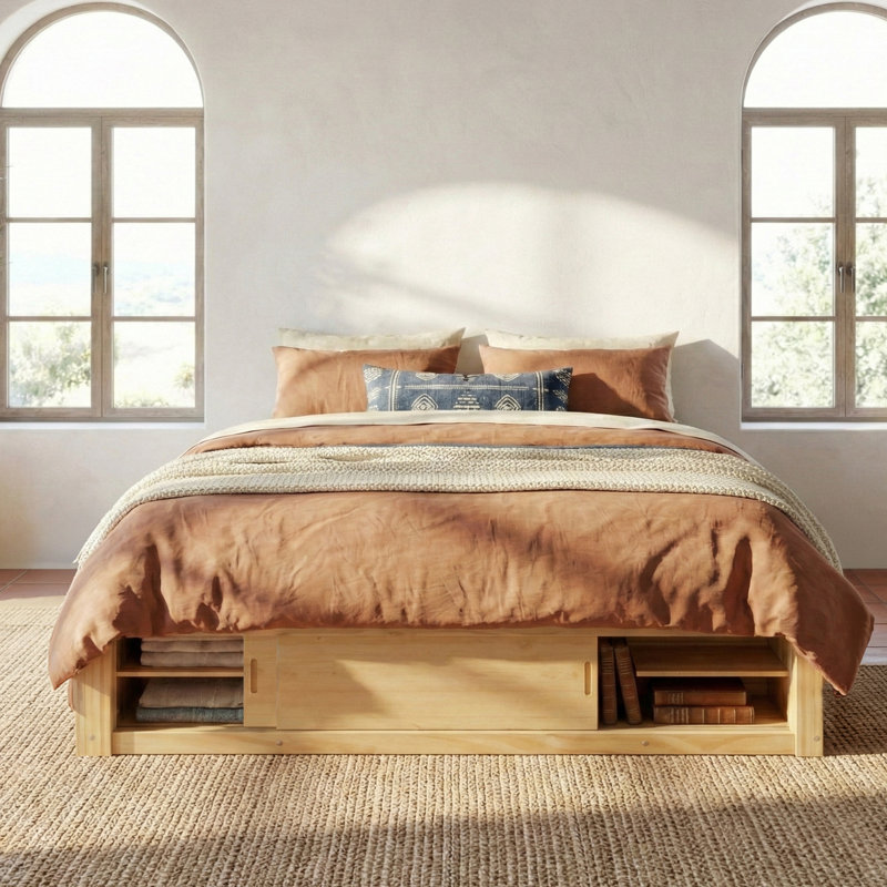 Queen Size Platform Bed Frame with 4 Storage Drawers & Footboard Storage Cubby, No Headboard, Modern Space-Saving, Natural