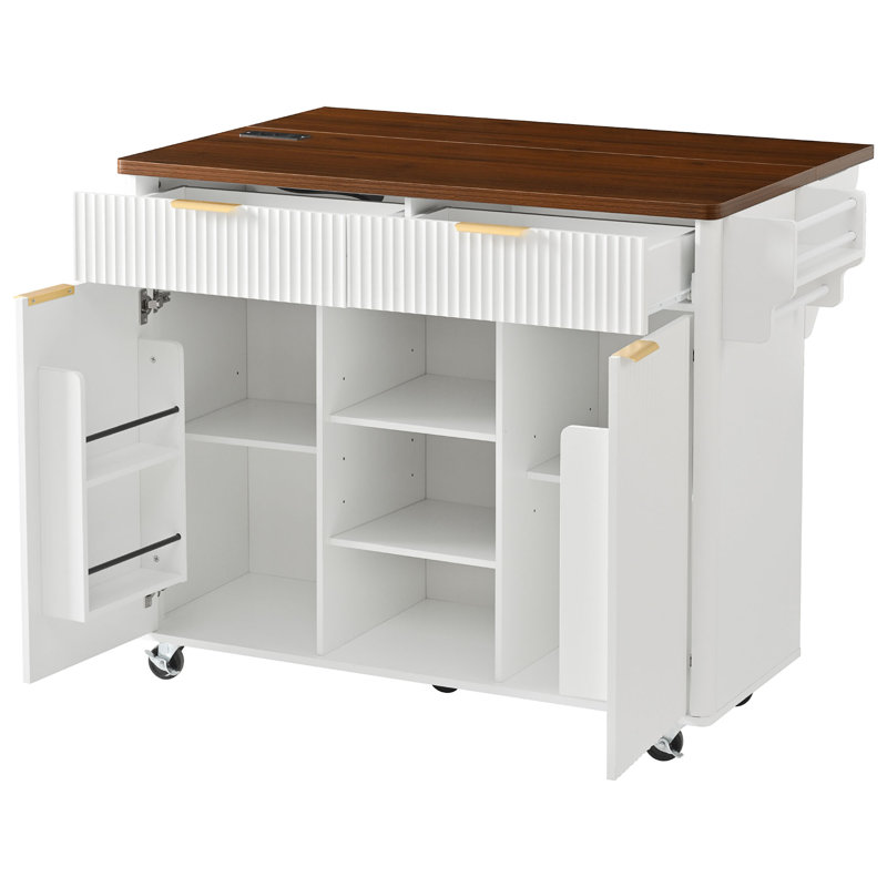 Îlot de cuisine cannelé de 52 po avec abattant, Bois massif et bois manufacturé, Blanc