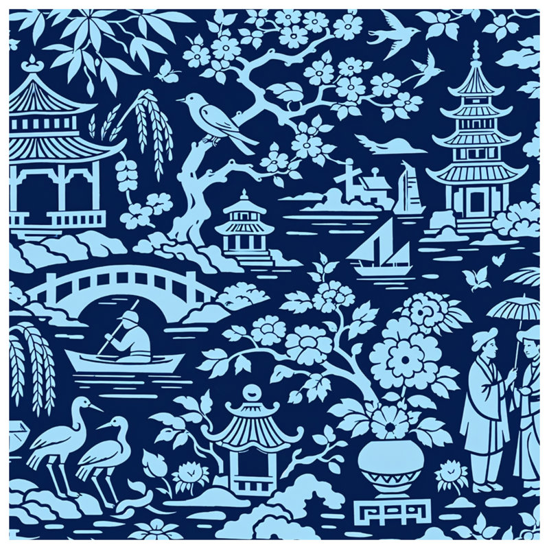 Rideaux de douche bleu à motif de paysage asiatique très longs, 70in W x 93in H