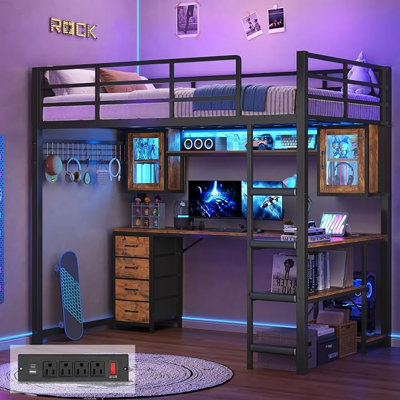 Loft Bed  with Gaming Desk, Storage Drawers, Safety Power Outlet, Metal Loft Bed Frame with RGB Lights, Space Saving Gaming Loft for Kids, Guardrail & Ladder