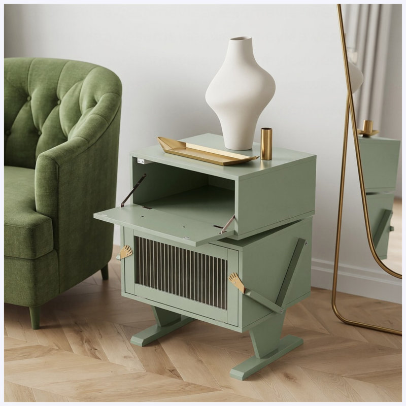 Table de chevet 20,7 po de large à DEL verte avec tiroir rotatif à 360 °, table de chevet moderne et amusante pour chambre d'enfant