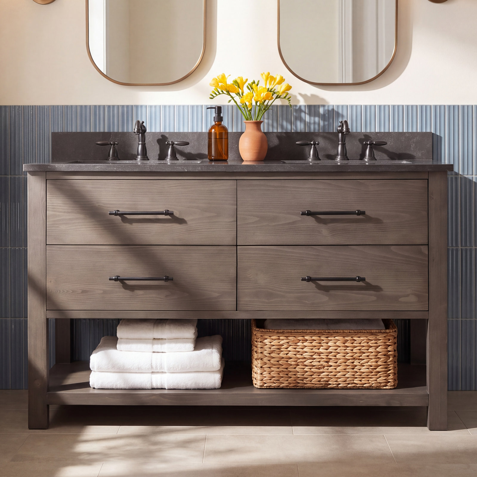 Keri 54 " Pine Double Bathroom Vanity, Smoke Gray/Matte Black
