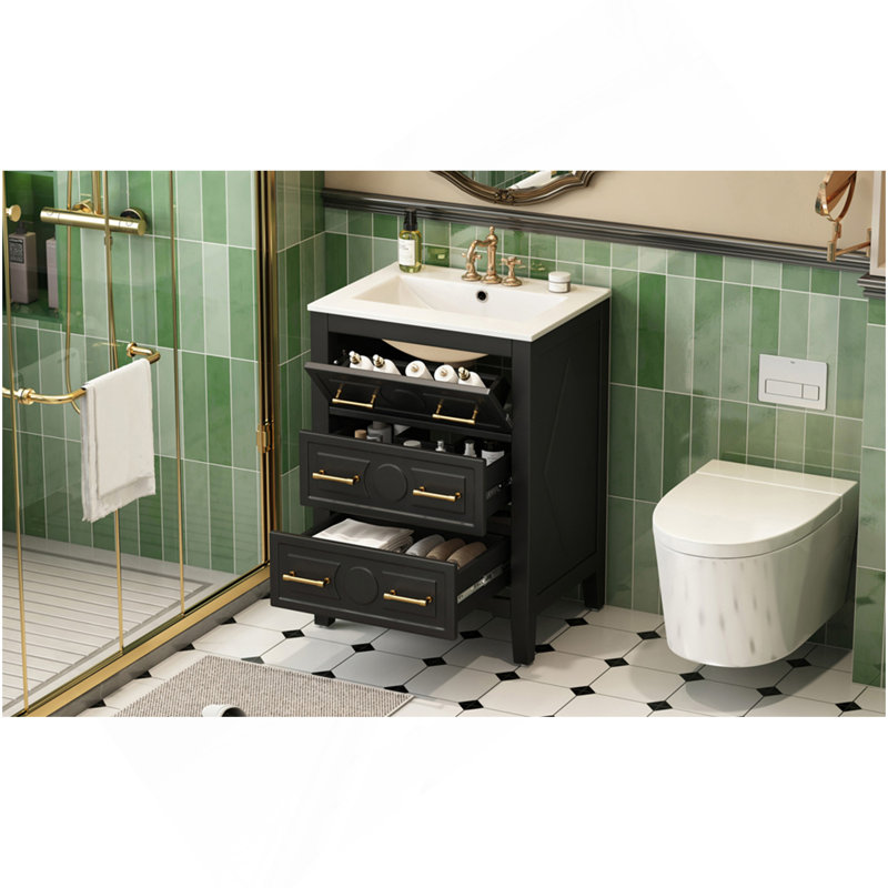 Ensemble de meuble-lavabo sur pied 24 po avec lavabo en céramique, ensemble de meuble-lavabo simple autoportant avec 3 tiroirs et armoire en bois