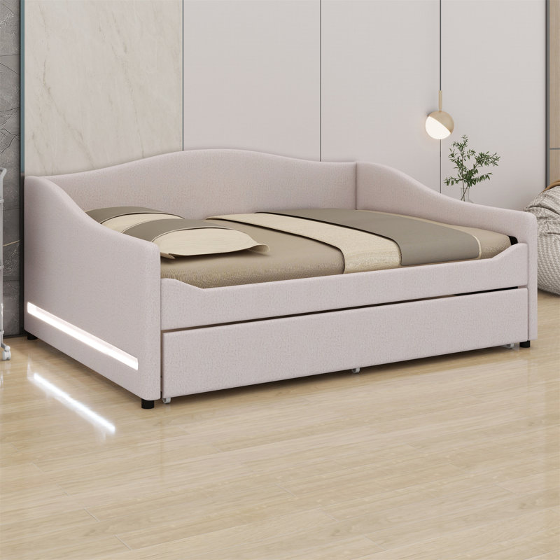 Full Size Upholstered Daybed With Light And Trundle, Beige