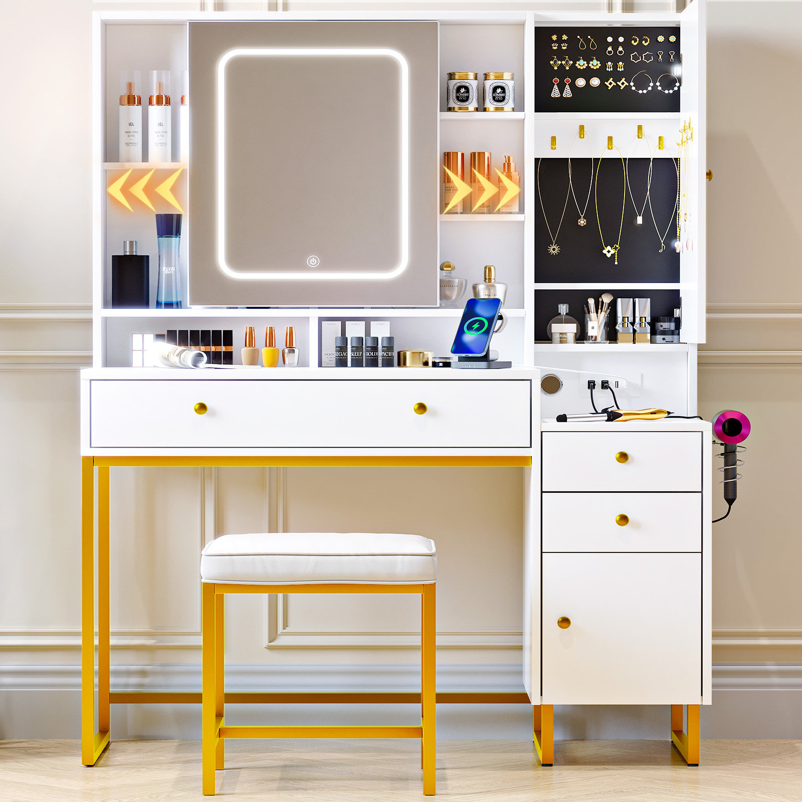 Mercer41 Cochard Makeup Vanity Desk with Mirror, 3 LED Light, Jewelry ...