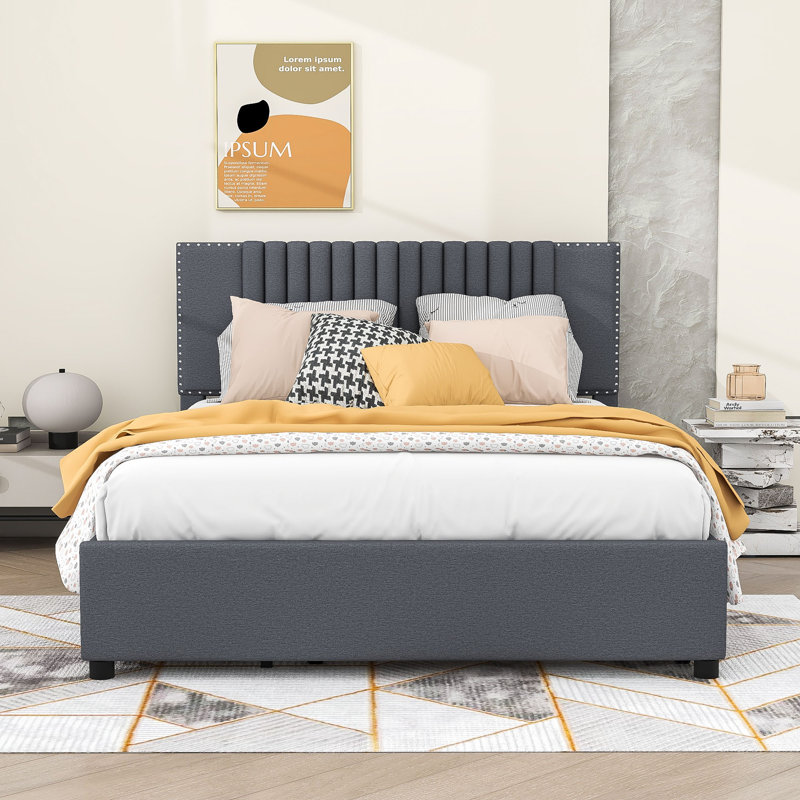 Wood Upholstered Platform Bed with Drawers, Trundle and Headboard, Gray, Queen