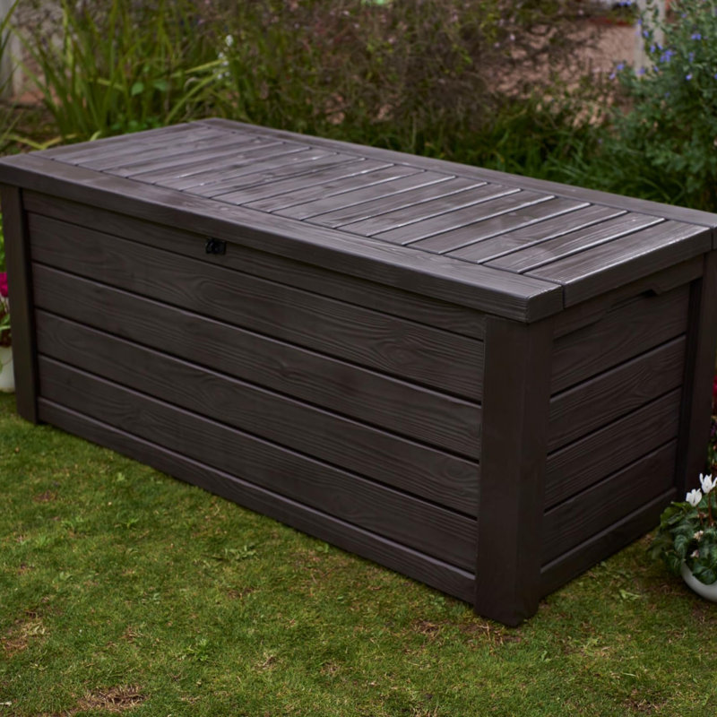 Outdoor & Indoor 150 Gallon Storage Deck Box, ‎lockable Resin Patio Bin & Bench For Garden Tools, Brown