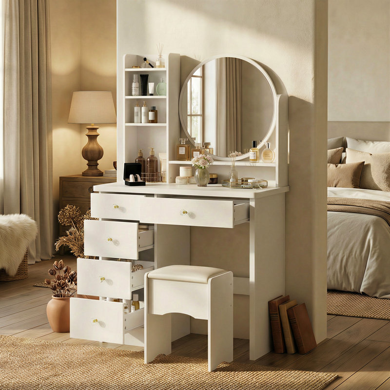 Ensemble de coiffeuse avec tabouret et miroir, Blanc