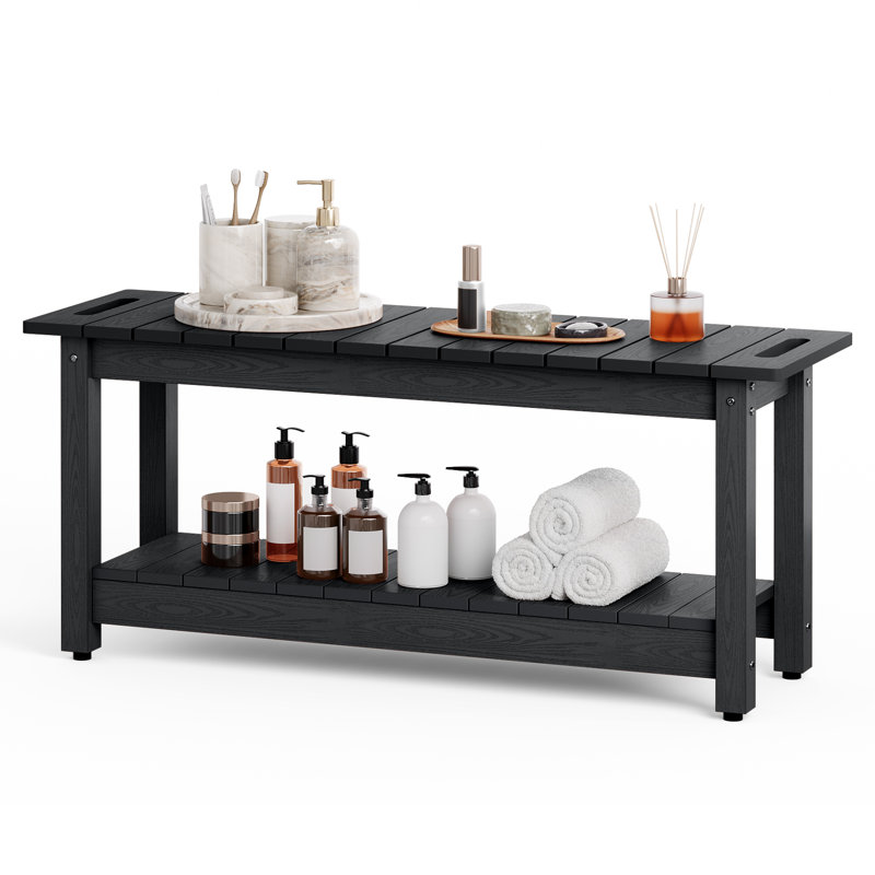 41" Shower Bench, HIPS Waterproof Bathroom Stool Seat, All-Weather Indoor/Outdoor Bench with Shelf and Non-Slip Feet, Black