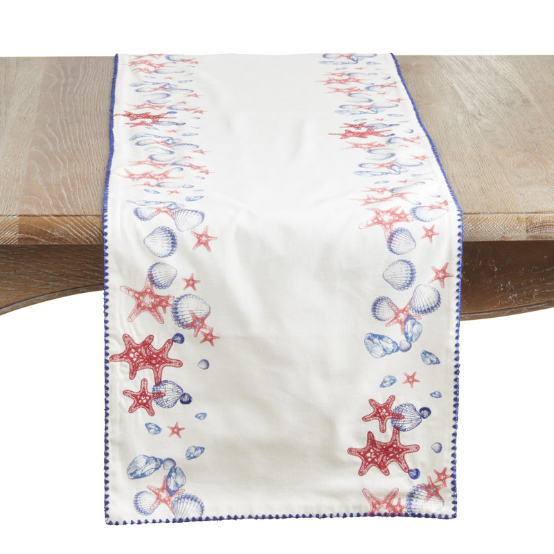 Chemin de table imprimé bord de mer Shell & Starfish - chemin de table en coton non réversible pour tables de salle à manger, 16 po x 72 po