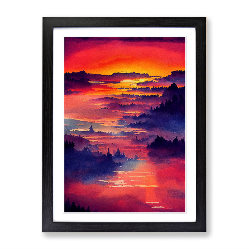Sunset over Mountains - Wall Art, Black Framed Paper, 66cm H x 48cm W x 2cm D, White