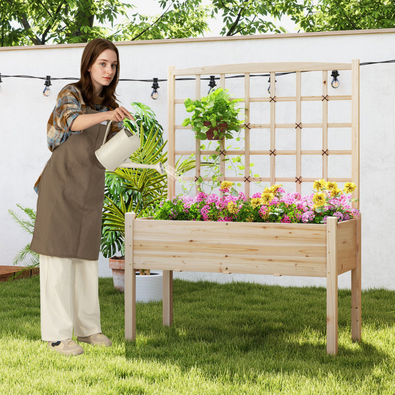 Raised Garden Bed w/ Lattice Trellis Drainage Holes Legs Legs for Climbing Vine