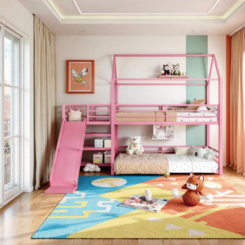 Lit superposé en métal avec escalier de rangement et glissade, en forme de maison, Twin