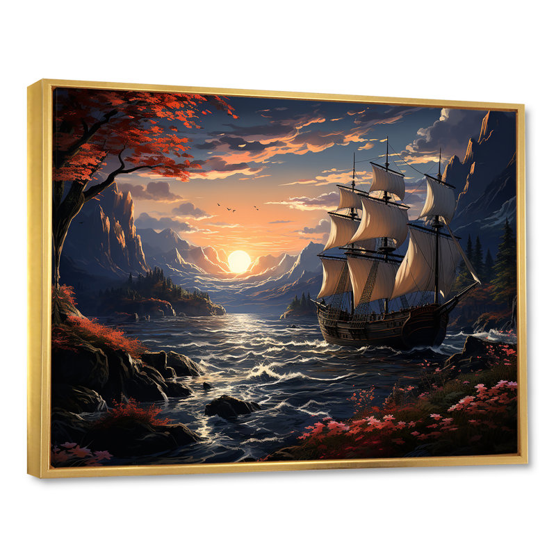 Bateau pirate au milieu de Legacy III - art mural pirate, H 30 po x l 40 po x P 1,5 po, Cadre flottant doré