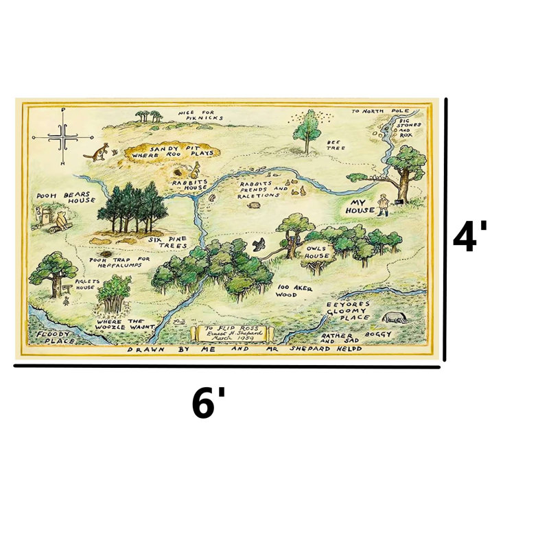 4' x 6' Machine Washable 100% Cotton Hundred Acre Wood Vintage Illustrated Map Children's Area Rug