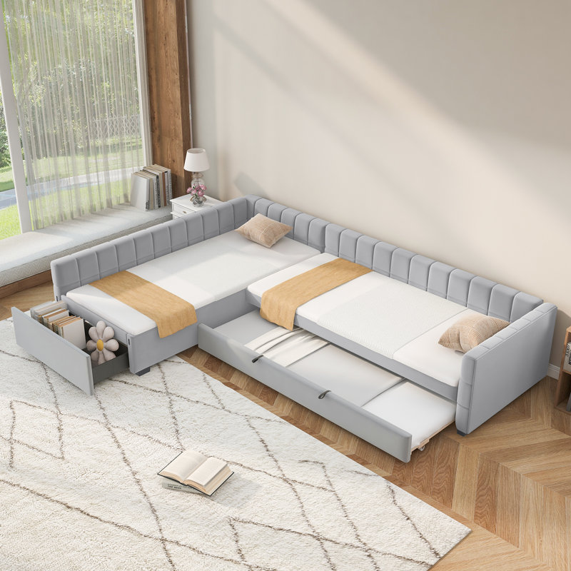 L-Shaped Upholstered Twin Size Daybed with Trundle and Storage Drawer, Velvet/Flannel Sofa Bed for Small Space, Gray, Gray