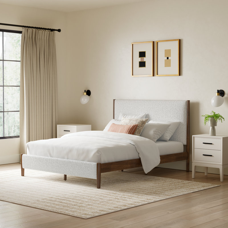 Irie Solid Wood Boucle Upholstered Headboard Bed Frame, Queen