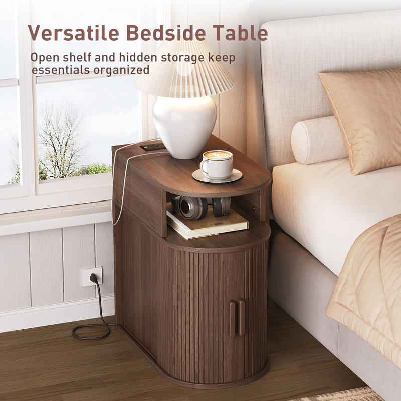 Narrow Fluted Side Table with Charging Station and Sliding Curved Door, End Table, Walnut
