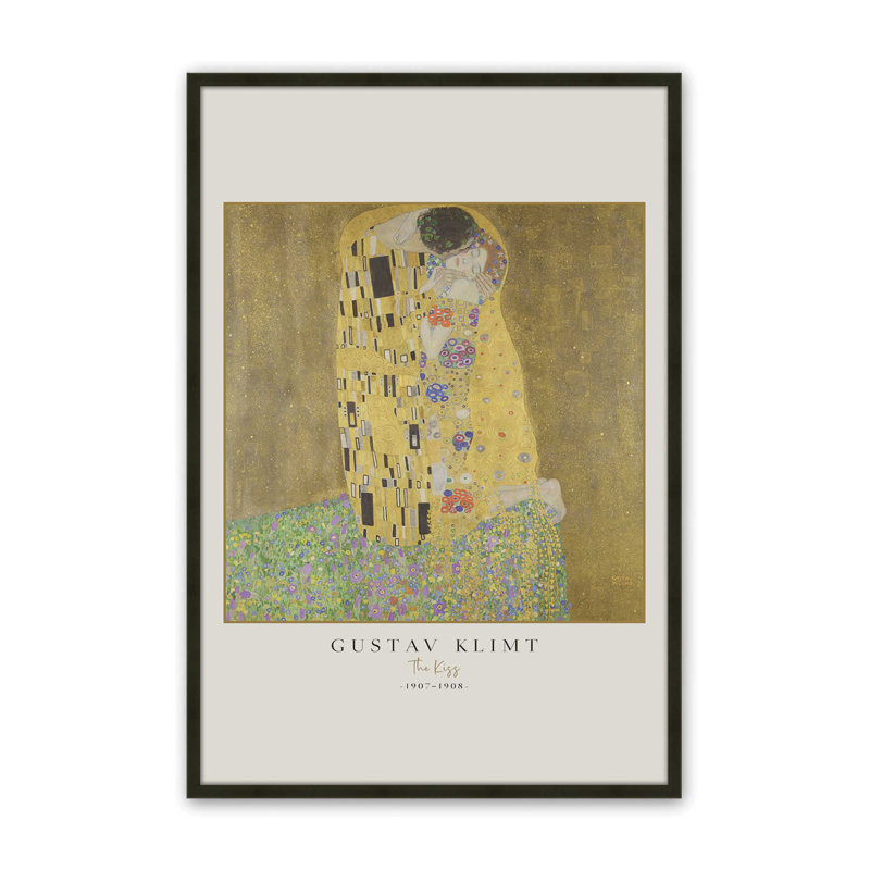 «The Kiss» par Gustav Klimt v3 , Reproduction encadrée sans passe-partout, Noir satiné, H 25 po x l 19 po