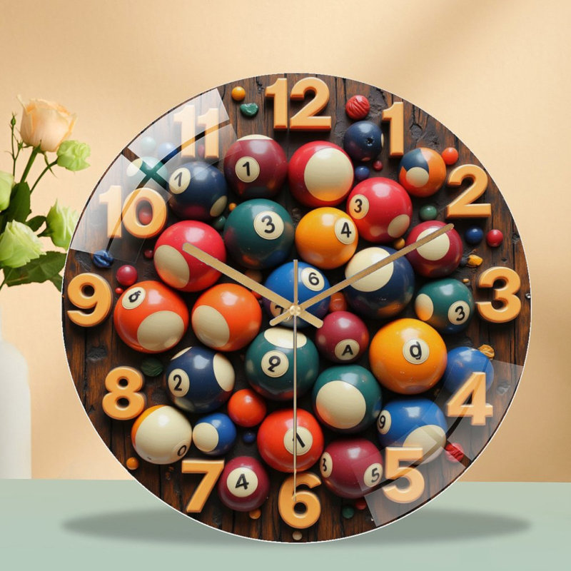 Colorful Billiard Balls Set for Pool Table Game Fun Art - 12'' Modern Glass Wall Clock
