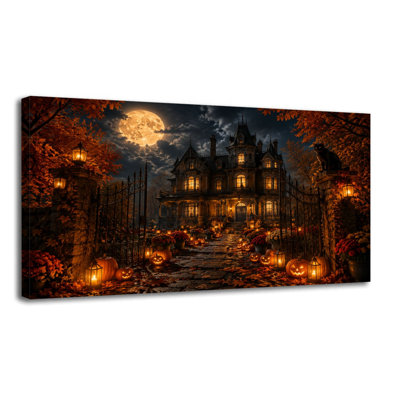 Toile, art mural château hanté sous la lune, citrouilles d'Halloween, nuit complète, décoration murale pour le salon, la salle de bain, la chambre, le bureau, H 20 po x l 40 po, prêt à être suspendu
