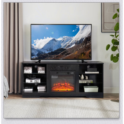 Meuble télé avec foyer électrique, tablettes en verre, lumières DEL et charge USB, conception moderne pour téléviseur de 62 po ou moins