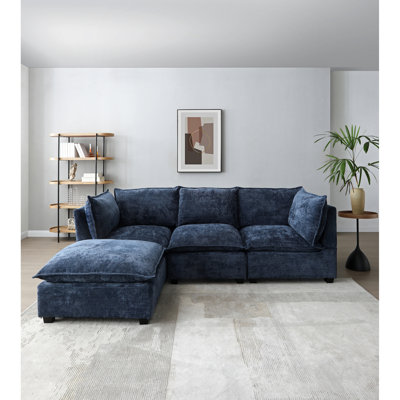 Modulaire en forme de L en lin bleu, convertible, éponge, convient à différentes pièces