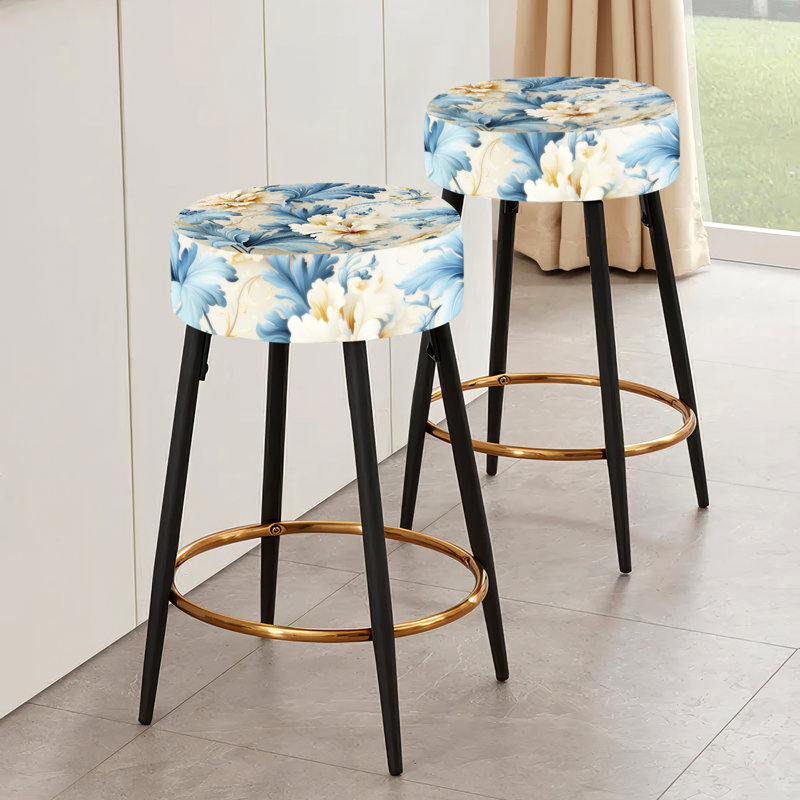 Ensemble de 2 tabourets de bar damassés blancs et bleus