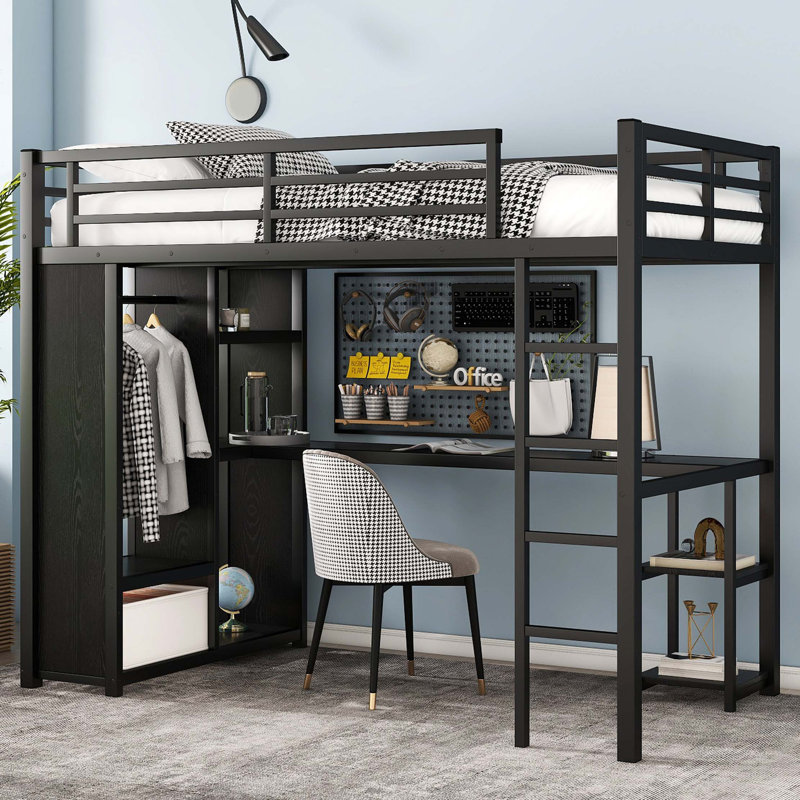Structure de lit mezzanine avec garde-robe intégrée, lit mezzanine en métal avec bureau et tablettes de rangement